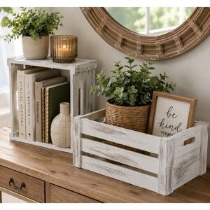 Farmhouse Wooden Crate Set | Whitewashed Nesting Storage Boxes Set of 2